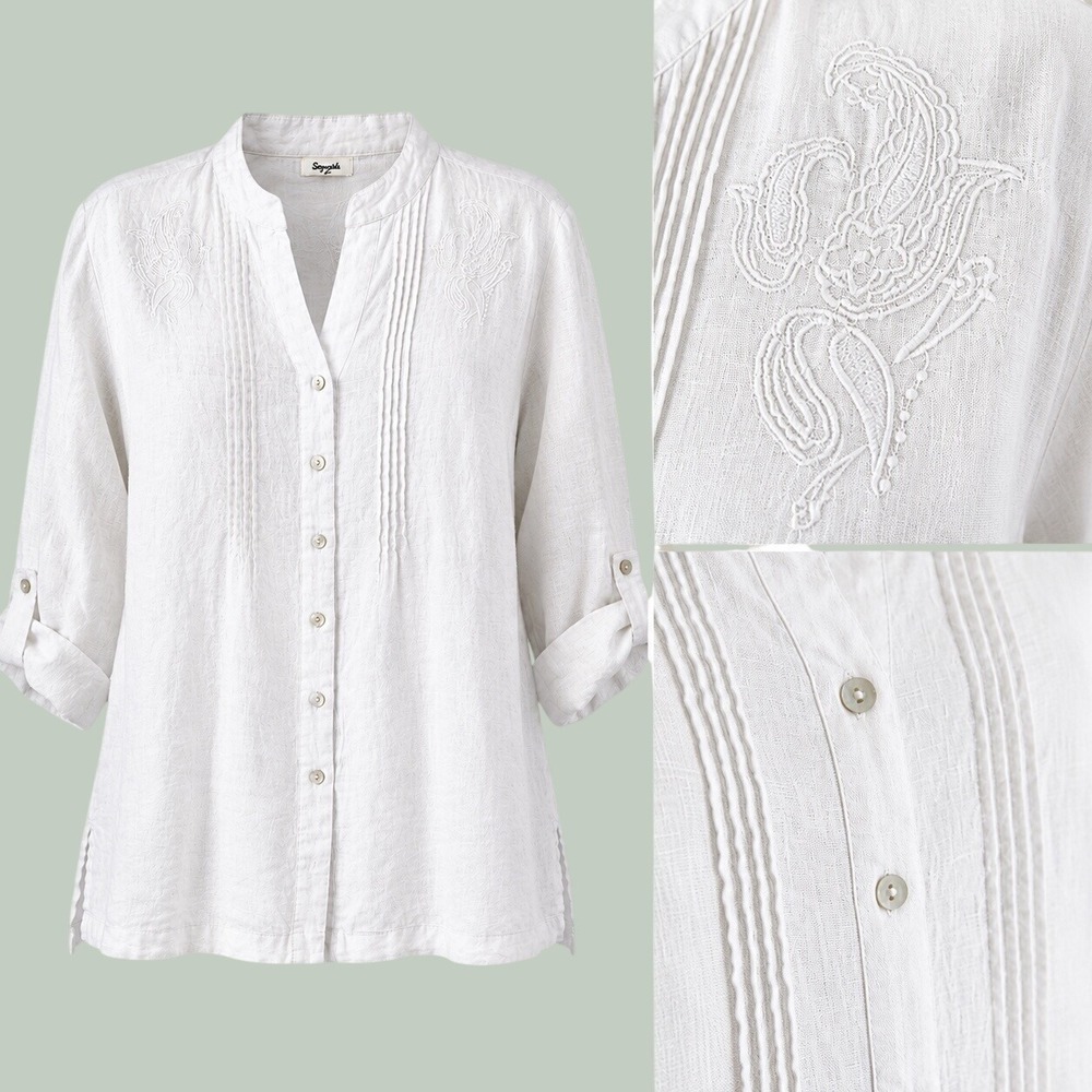 Symple NYC Womens White 100% Linen Embroidered Pintuck Roll Tab Blouse Top